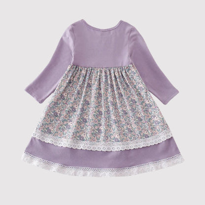 Girl's Lavender Floral Eyelet Ruffle Dress. Eyelet accents & trim.  Back of dress. Little Gift Nook.