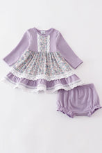 Load image into Gallery viewer, Lavender Floral Eyelet Ruffle Dress Set with bloomers.  Baby sizes. Also available in toddler &amp; kids. Little Gift Nook.