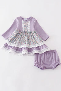 Lavender Floral Eyelet Ruffle Dress Set with bloomers.  Baby sizes. Also available in toddler & kids. Little Gift Nook.