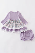 Load image into Gallery viewer, Lavender Floral Eyelet Ruffle Dress Set with bloomers.  Baby sizes. Also available in toddler &amp; kids. Little Gift Nook.