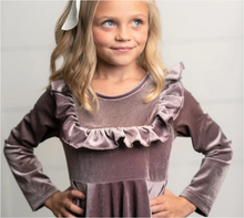 Load image into Gallery viewer, Lavender Velvet Twirl Holiday Dress. Little Gift Nook.