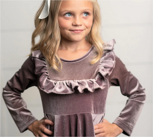 Lavender Velvet Twirl Holiday Dress. Little Gift Nook.