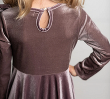 Load image into Gallery viewer, Lavender Velvet Twirl Holiday Dress. Little Gift Nook.