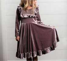 Load image into Gallery viewer, Lavender Velvet Twirl Holiday Dress. Little Gift Nook.