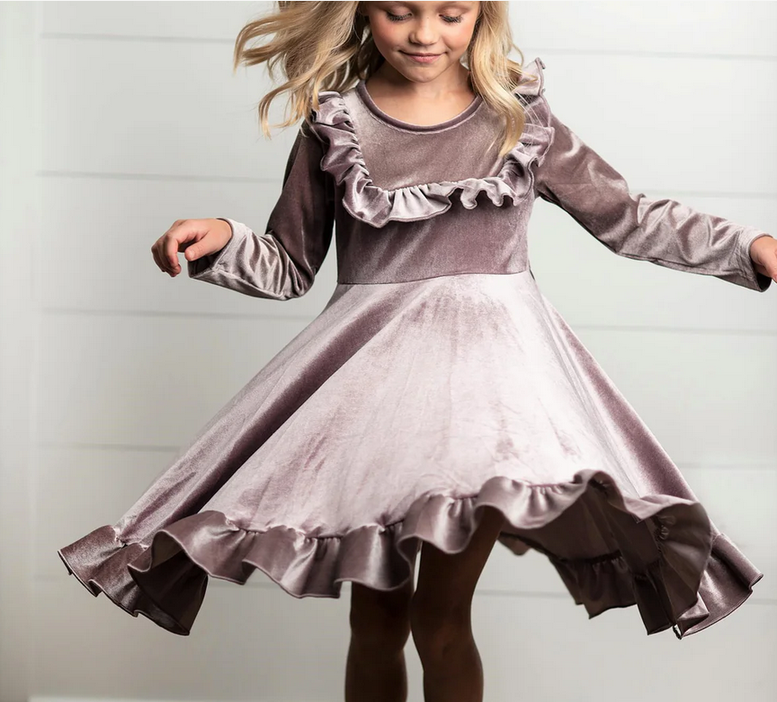 Lavender Velvet Twirl Holiday Dress. Little Gift Nook.