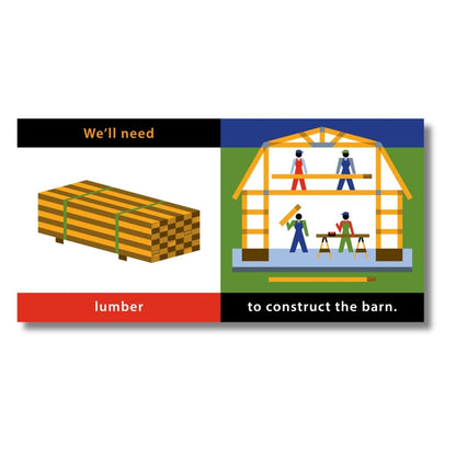 Let's Build A Farm Board Book. We'll need lumber to construct a barn. 12 pages of what is needed and steps. - Little Gift Nook.