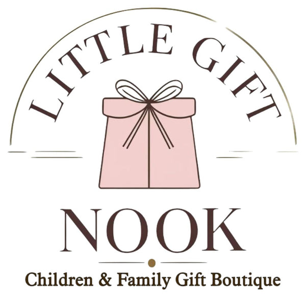 Dark brown, gold, and pink Little Gift Nook logo with pink gift bag and bow - Children & Family Gift Boutique Jamestown, NY