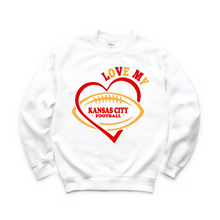 Load image into Gallery viewer, Love My Kansas City Chiefs Sweatshirt. White fleece lined crewneck sweatshirt. Red &amp; Yellow hearts and Love My Kansas City Football on front.  Little Gift Nook.