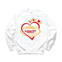 Load image into Gallery viewer, Love My Kansas City Football Sweatshirt. White fleece lined crewneck sweatshirt with red &amp; yellow heart and LOVE MY KANSAS CITY FOOTBALL on front.  Little Gift Nook.