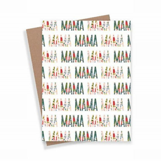 MAMA Floral Greeting Card. White card stock with MAMA in green and pink floral design all over front cover. Blank inside. Comes with brown envelope. Measures 4.25" x 5.5" - Little Gift Nook