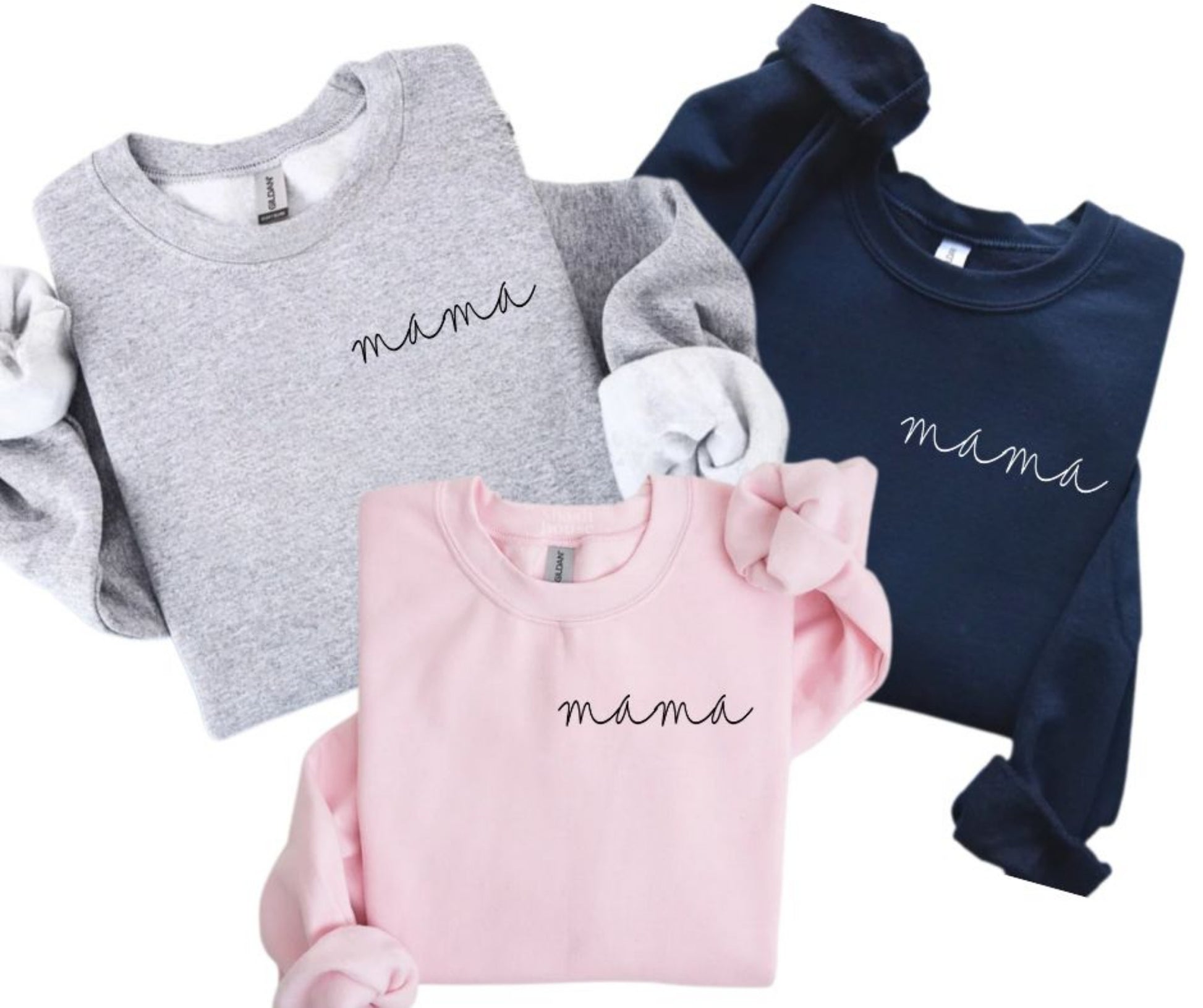 Woman's fleece lined mama crewneck sweatshirts. unisex fit. mama in cursive lettering on top left chest. Available in gray, light pink, or navy.  Little Gift Nook.