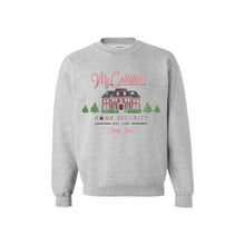 Load image into Gallery viewer, McCallister&#39;s Home Security est. 1990 gray crewneck sweatshirt ~ Adult sizes. Has graphic of house, Christmas tress and Home Security has lock in place of letter O. Cute funny play on Home alone movie. 