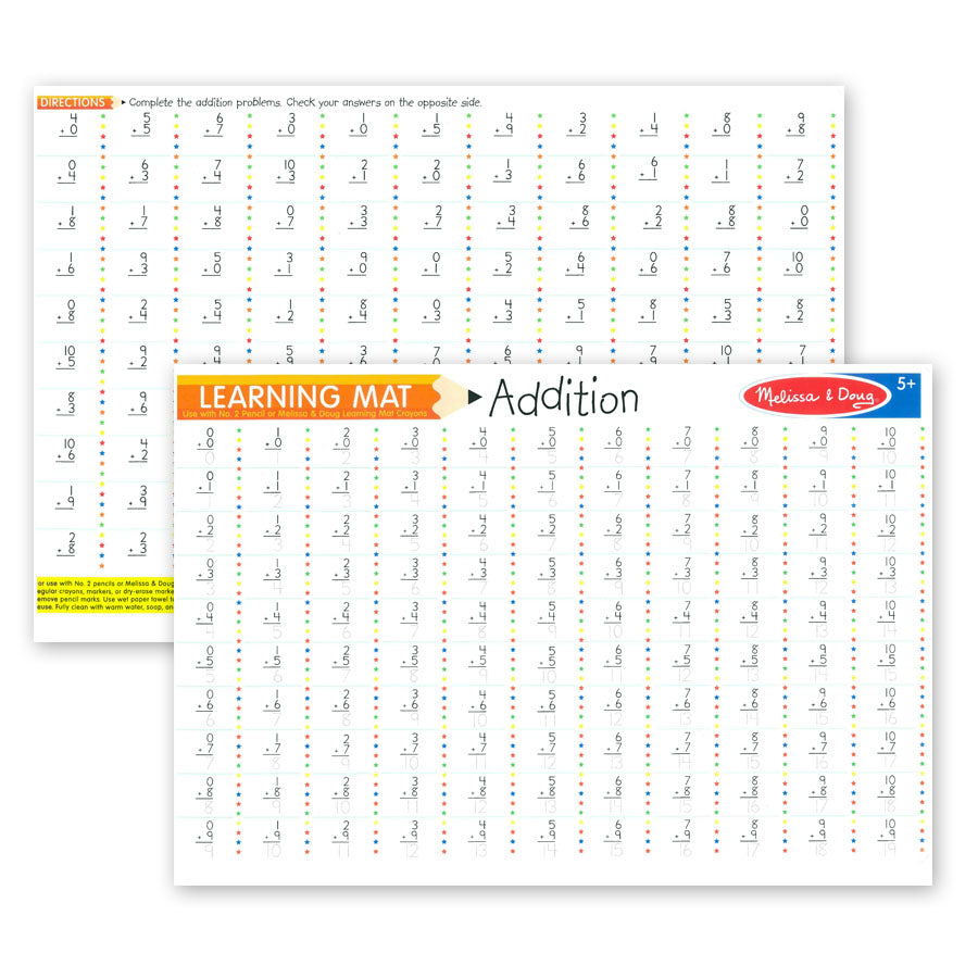 Melissa & Doug Learning Mat Addition. Double sided. Use chalkboard erase cryons or number 2 pencil.