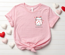 Load image into Gallery viewer, Meowentine Heart Cat Pink Tee. Adult pink short sleeve tshirt with white cat &amp; red hearts all over her.  Meowentines written under her.  