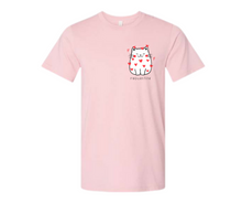 Load image into Gallery viewer, Meowentine Heart Cat Pink Tee. Adult pink short sleeve tshirt with white cat &amp; red hearts all over her.  Meowentines written under her.  