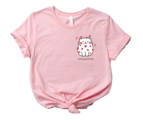 Meowentine Heart Cat Pink Tee. Adult  & kids sized pink short sleeve tshirt with white cat & red hearts all over her.  Meowentines written under her.  Little Gift Nook.