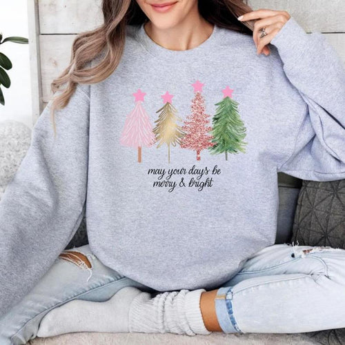 Merry & Bright Christmas Trees Crewneck Sweatshirt. Little Gift Nook