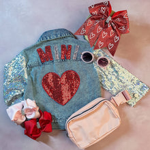 Load image into Gallery viewer, &quot;Mini&quot; Heart &amp; Sequins Denim Jacket. Baby &amp; Kids Sizes. Red pink sequin sleeves and mini and heart on back.  Little Gift Nook.