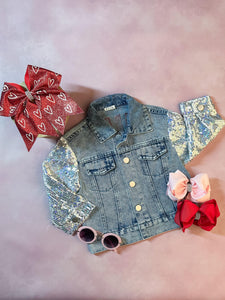 "Mini" Heart & Sequins Denim Jacket. Baby & Kids Sizes. Red pink sequin sleeves and mini and heart on back.  Little Gift Nook.