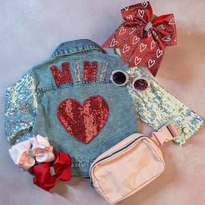 "Mini" Heart & Sequins Denim Jacket. Baby & Kids Sizes. Red pink sequin sleeves and mini and heart on back.  Little Gift Nook.