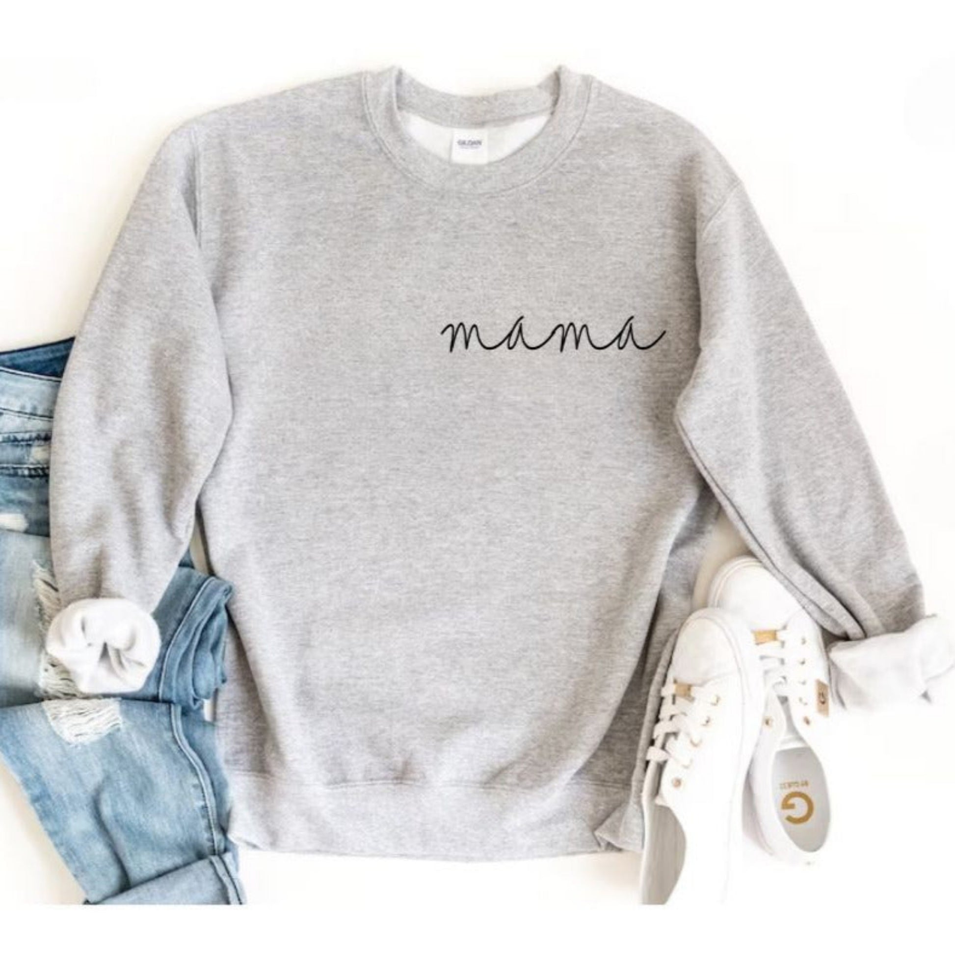 Mama fleece lined crewneck sweatshirt for women.  Unisex fit. Mama written in cursive on left top chest. Available in gray, navy, or light pink. Little gift Nook. 