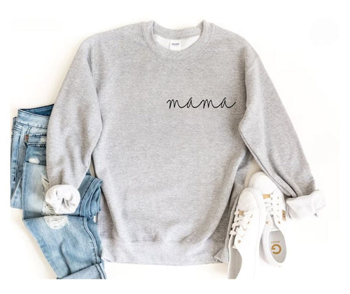 Mama fleece lined crewneck sweatshirt for women.  Unisex fit. Mama written in cursive on left top chest. Available in gray, navy, or light pink. Little gift Nook. 