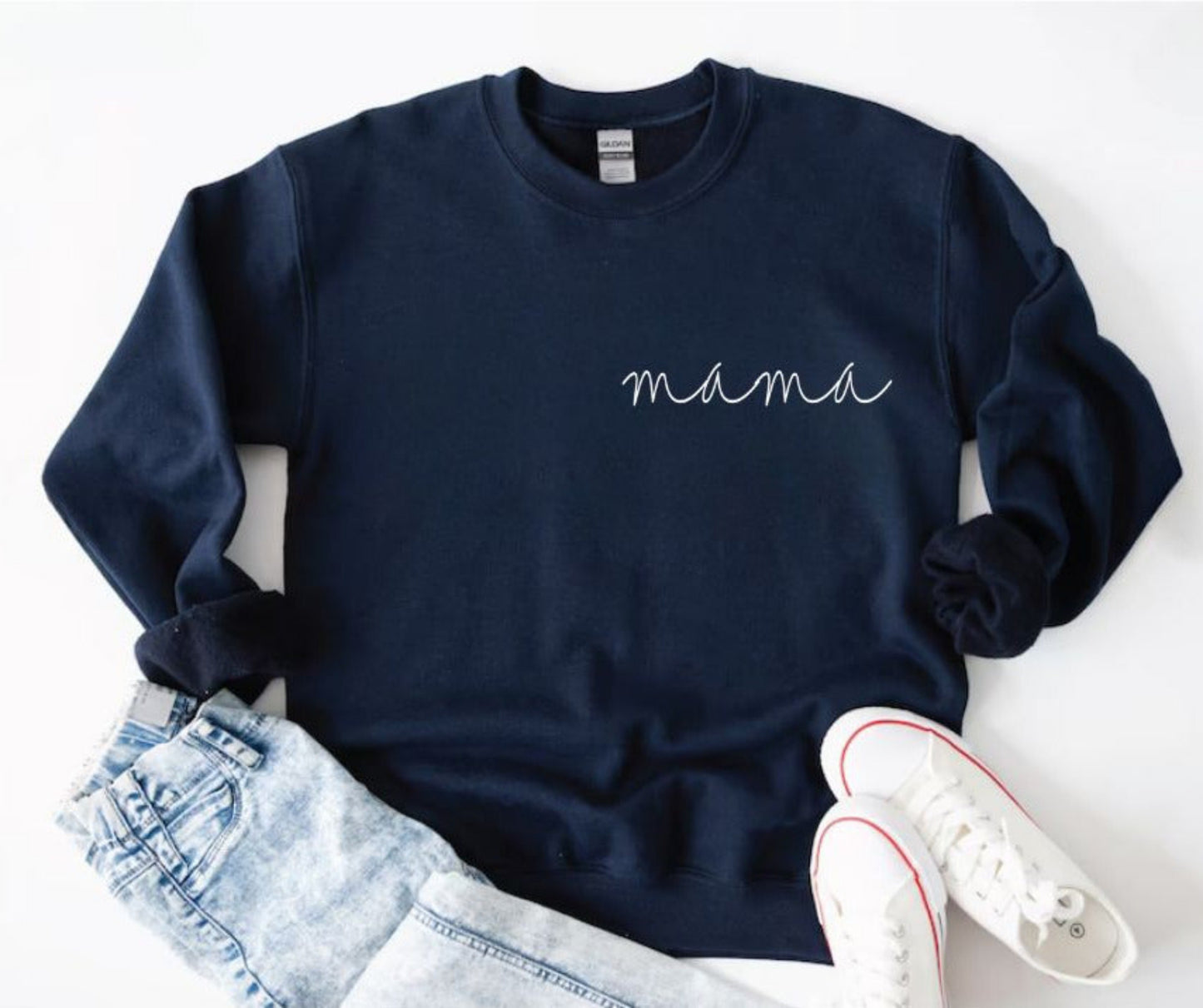 Navy Mama fleece lined crewneck sweatshirt for women.  Unisex fit. Mama written in cursive on left top chest. Little gift Nook. 