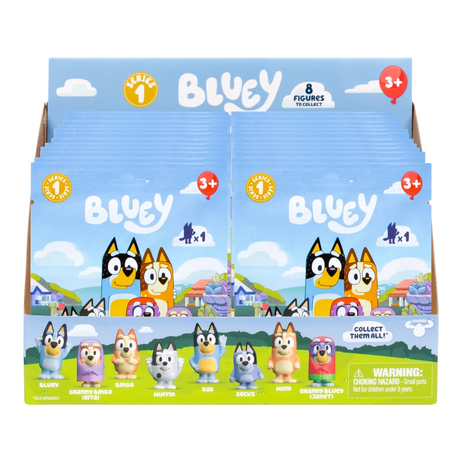 Moose Toys Bluey Mini Figurines in mystery bag. Ages 3 and up. Each bag contains 1 mystery Bluey character. 8 different characters to collect. - Little Gift Nook
