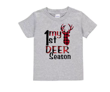 Load image into Gallery viewer, My 1st Hunting Season Baby Toddler Tshirt. Heather gray short sleeved onesie with red black buffalo plaid my 1st deer season lettering and plaid buck.  Little Gift Nook. 