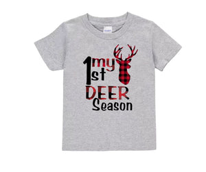 My 1st Hunting Season Baby Toddler Tshirt. Heather gray short sleeved onesie with red black buffalo plaid my 1st deer season lettering and plaid buck.  Little Gift Nook. 