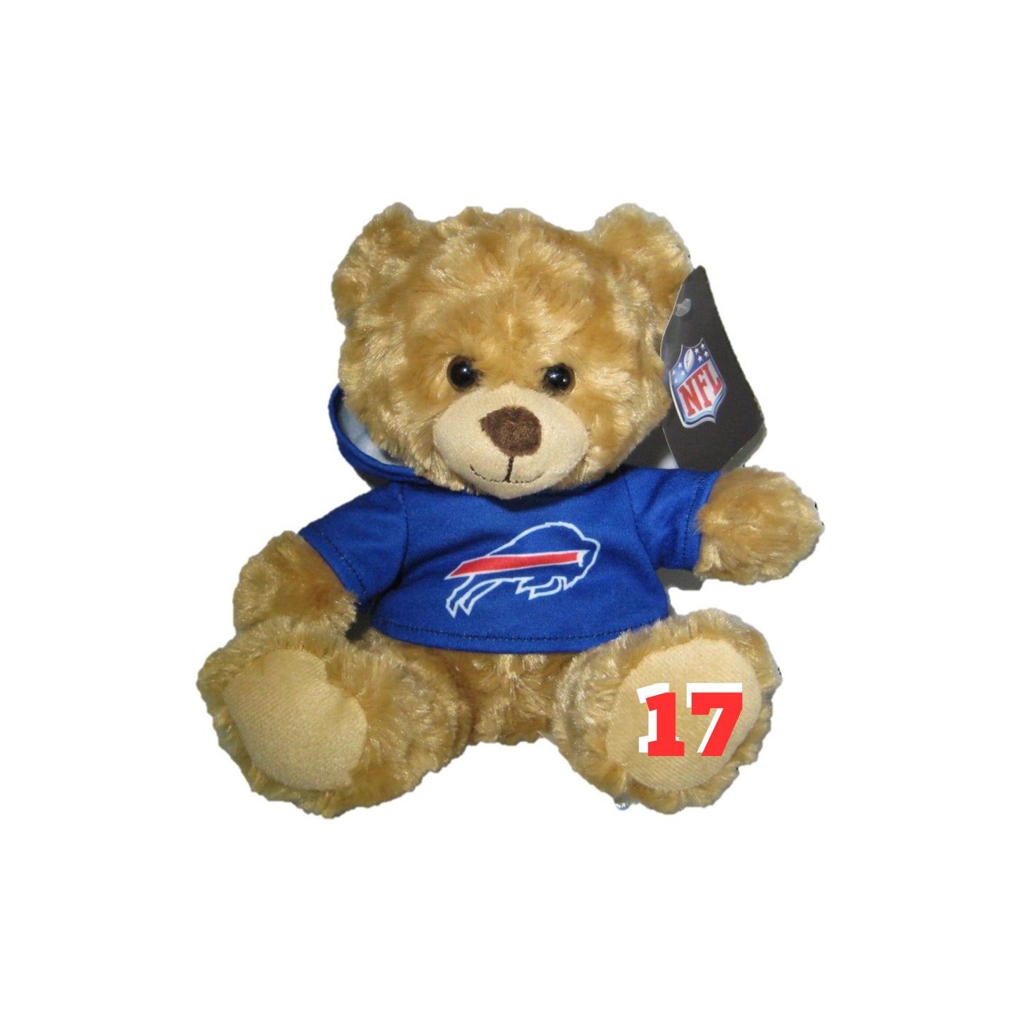 NFL Buffalo Bills Hoodie Teddy Bear. Measures 9" tall. - Allen on back of hoodie. 17 on front foot. Little Gift Nook