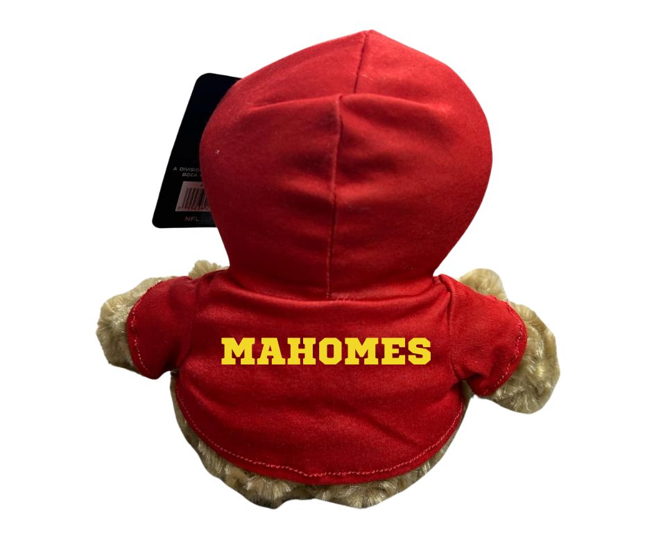 NFL Kansas City Chiefs Hoodie Teddy Bear. Personalized bear with Mahomes in yellow text on back of hoodie and a 15 on foot. - Little Gift Nook