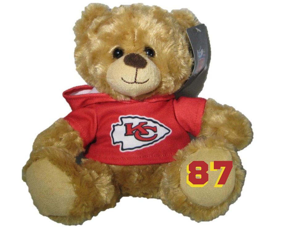 NFL Kansas City Chiefs 9" Rally Man Hoodie Teddy Bear. Bear is personalized with Kelce on back of hoodie and a red yellow 87 on foot.- Little Gift Nook