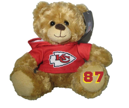NFL Kansas City Chiefs 9" Rally Man Hoodie Teddy Bear. Bear is personalized with Kelce on back of hoodie and a red yellow 87 on foot.- Little Gift Nook