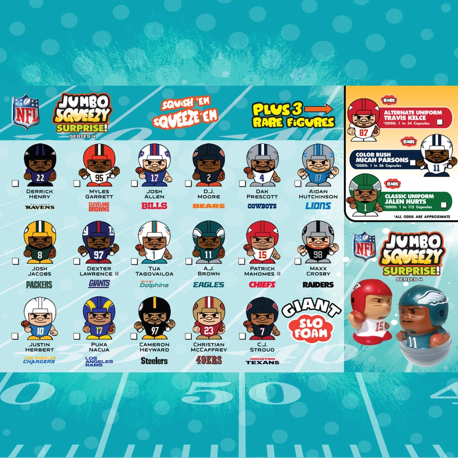 NFL Jumbo Squeezy 2025 Surprise. List of 2025 possible jumbo squeezy players. Each come in a mystery blind ball capsule.  Collect all 17 and 3 rare! - Little Gift Nook