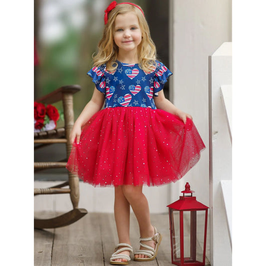 Red White Blue Patriotic Heart Tutu Dress. Pull on soft dress. - Little Gift Nook