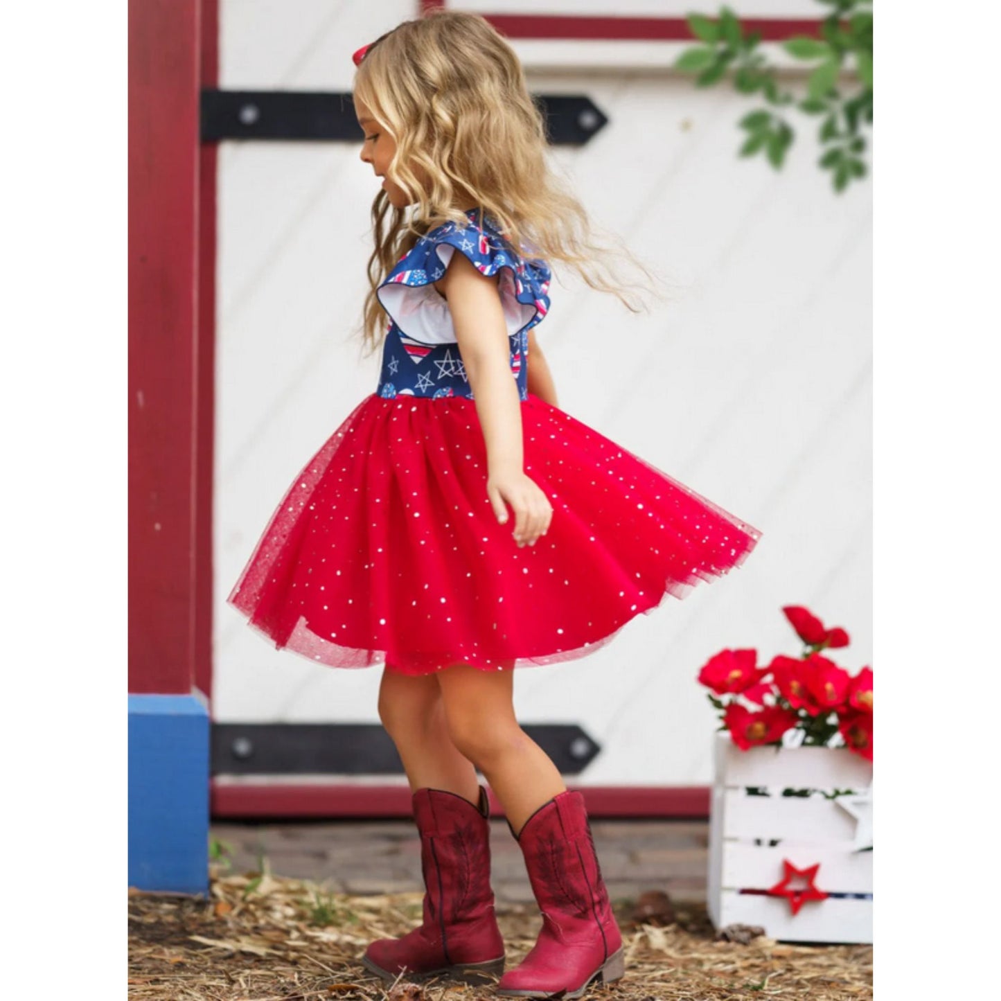 Little girl wearing Red White Blue Patriotic Heart Tutu Dress and twirling. - Little Gift Nook