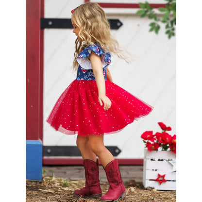 Little girl wearing Red White Blue Patriotic Heart Tutu Dress and twirling. - Little Gift Nook
