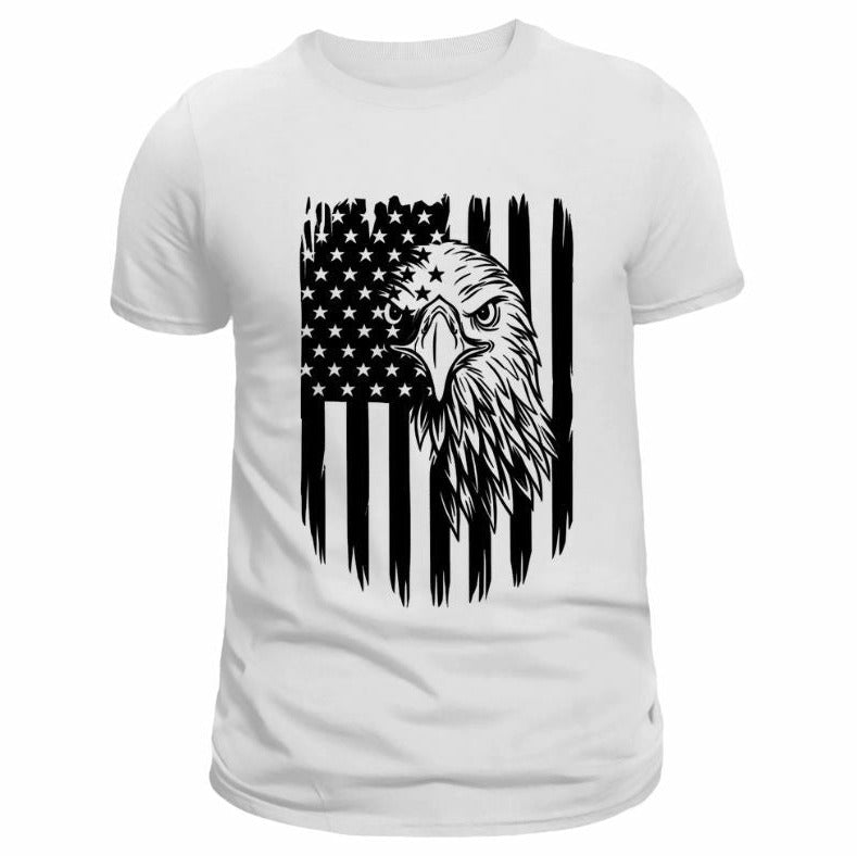 Adult Patriotic Eagle USA Flag Shirts - white short sleeve tshirt with black flag & eagle combined image on front in black. Little Gift Nook