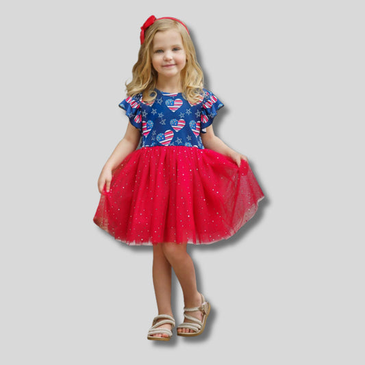 Little Girl wearing Red White Blue Patriotic Heart print sparkle Tutu Dress. Pull on soft dress. - Little Gift Nook