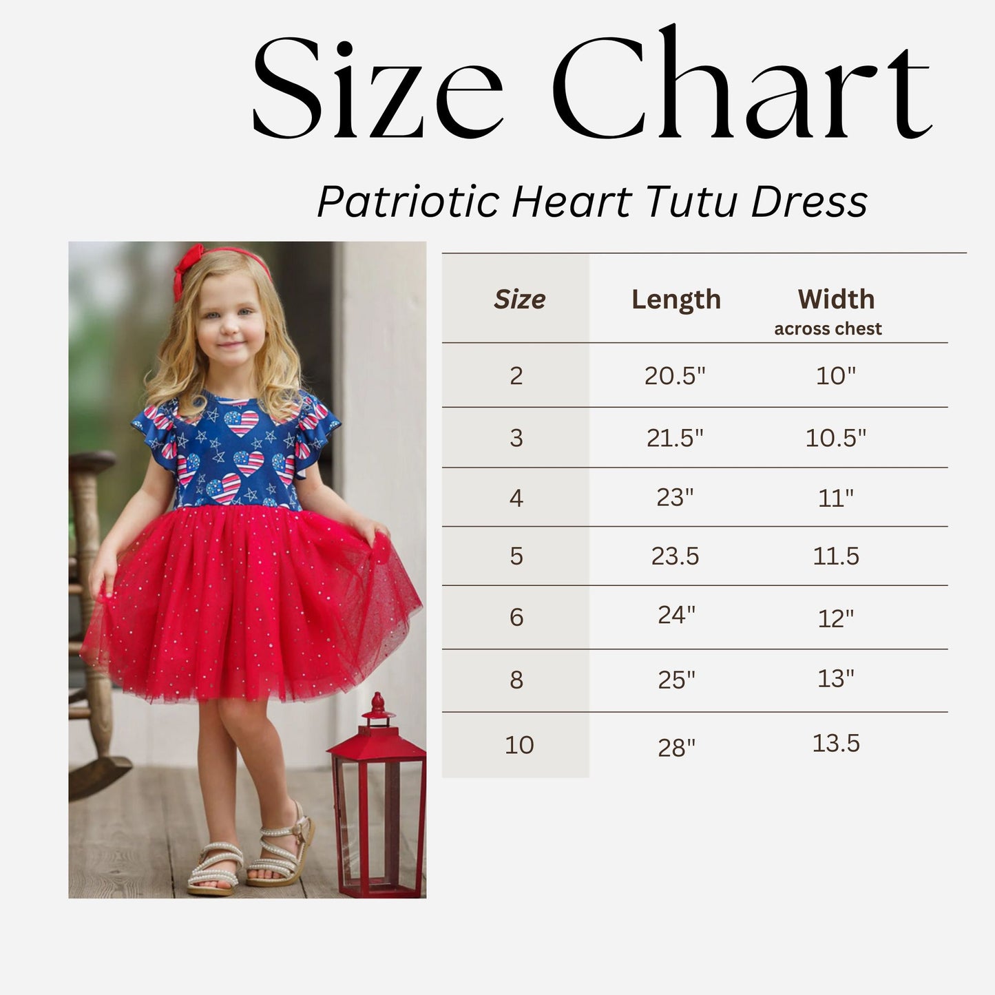 Size Chart Red White Blue Patriotic Heart Tutu Dress. - Little Gift Nook