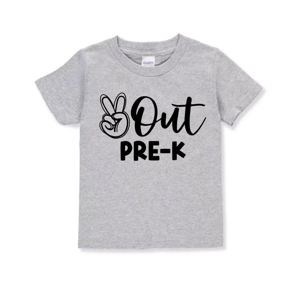 gray tshirt with Peace out Pre-K  in black text and peace sign image - Little Gift Nook