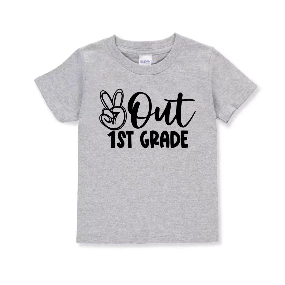 gray tshirt with Peace out 1st Grade in black text and peace sign image - Little Gift Nook