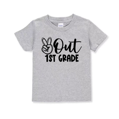 gray tshirt with Peace out 1st Grade in black text and peace sign image - Little Gift Nook