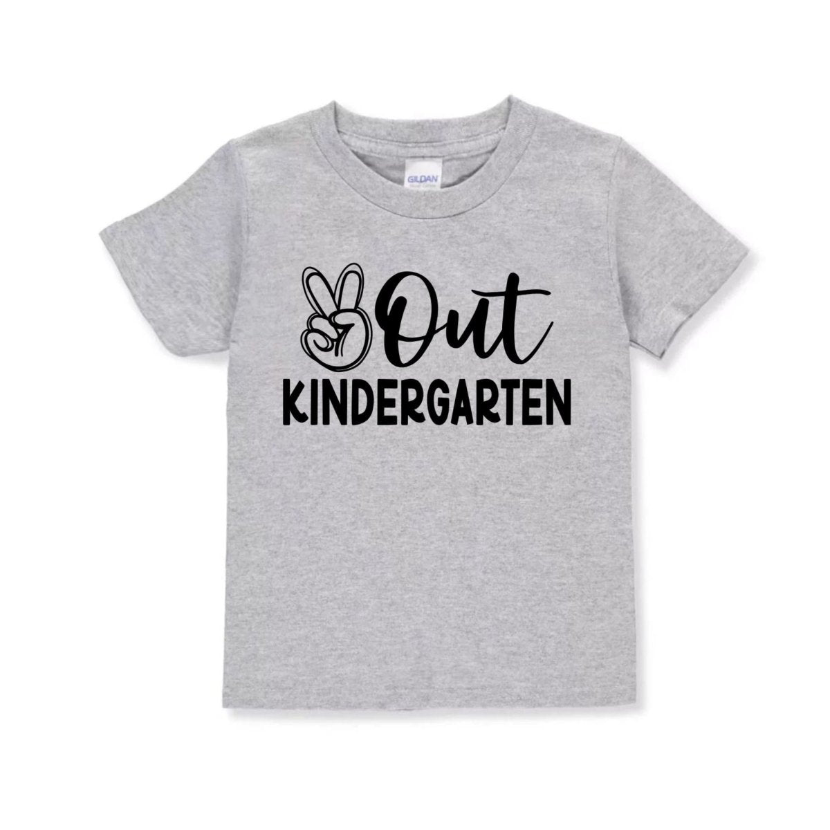 gray tshirt with Peace out Kindergarten in black text and peace sign image - Little Gift Nook