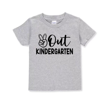 gray tshirt with Peace out Kindergarten in black text and peace sign image - Little Gift Nook