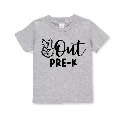 gray tshirt with Peace out Pre-K  in black text and peace sign image - Little Gift Nook