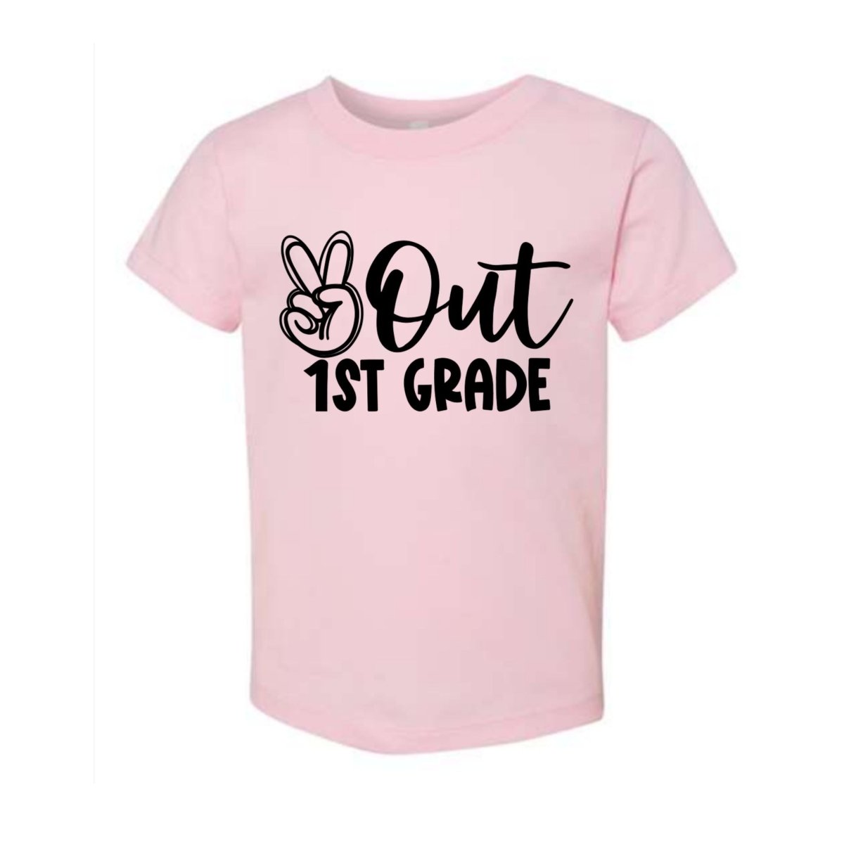 pink tshirt with Peace out 1st Grade in black text and peace sign image - Little Gift Nook