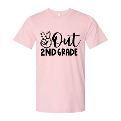 pink tshirt with Peace out 2nd Grade in black text and peace sign image - Little Gift Nook
