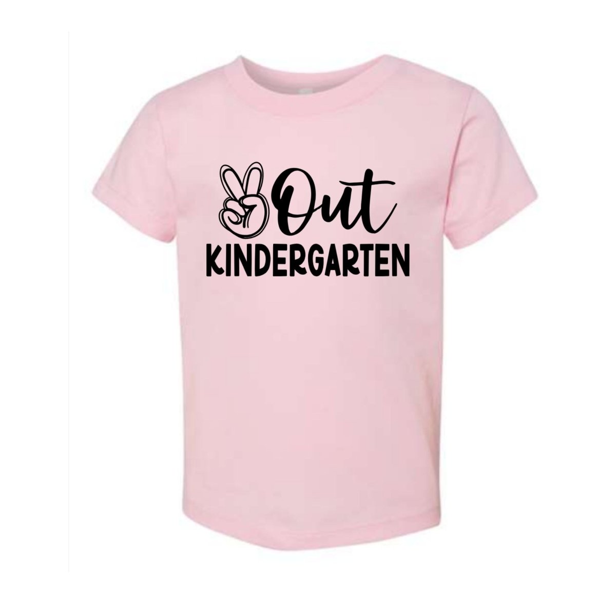 pink tshirt with Peace out Kindergarten Grade in black text and peace sign image - Little Gift Nook